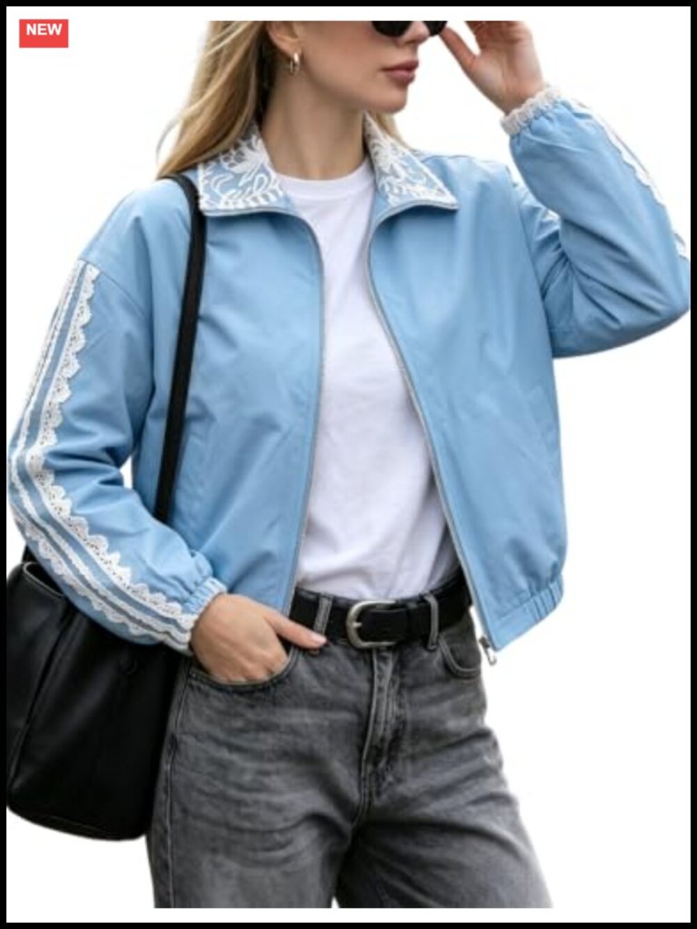 Women's Lace Trim Zip Up Cropped Bomber Jacket with Pockets Casual